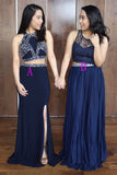 Two Piece Navy Blue Lace Beaded Long Fancy Prom Dresses Formal Evening Grad Dress