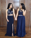Two Piece Navy Blue Lace Beaded Long Fancy Prom Dresses Formal Evening Grad Dress