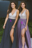 Fashion A Line V Neck Beaded Slit Long Fancy Prom Dresses Formal Evening Grad Dress