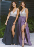 Fashion A Line V Neck Beaded Slit Long Fancy Prom Dresses Formal Evening Grad Dress