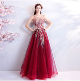 Fashion Embroidery Lace Burgundy Long Wedding Formal Prom Dresses Evening Dress