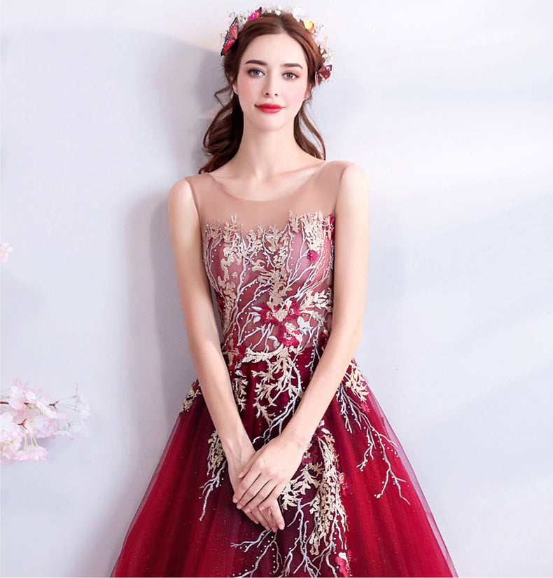 Fashion Embroidery Lace Burgundy Long Wedding Formal Prom Dresses Evening Dress