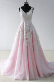 A Line Princess Lace V Neck Open Back Pink Wedding Prom Dresses Formal Dress