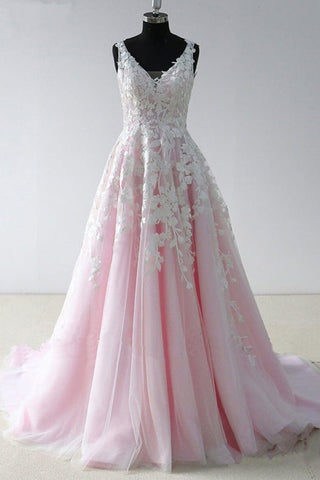 A Line Princess Lace V Neck Open Back Pink Wedding Prom Dresses Formal Dress