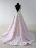 A Line Princess Lace V Neck Open Back Pink Wedding Prom Dresses Formal Dress