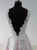 A Line Princess Lace V Neck Open Back Pink Wedding Prom Dresses Formal Dress