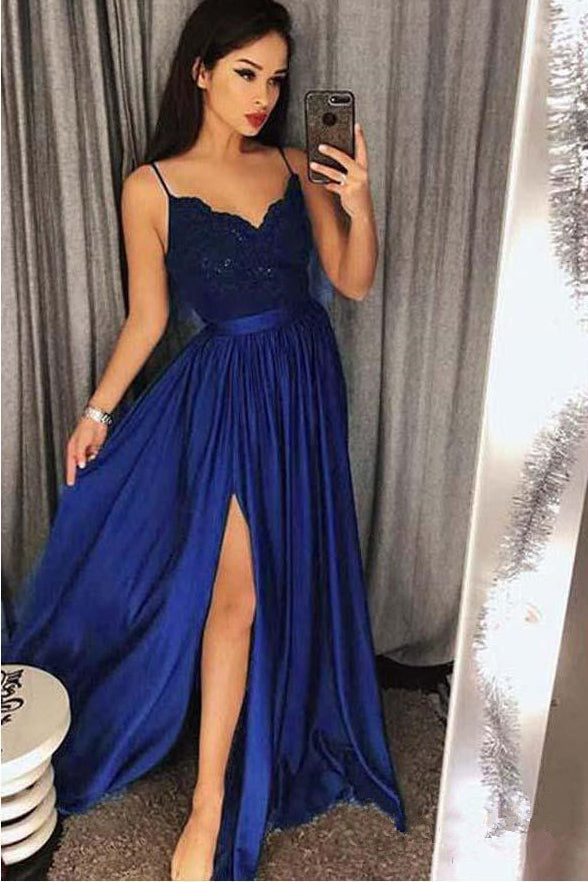 A Line Royal Blue Spaghetti Straps Long Fancy Prom Dress Formal Grad Dresses