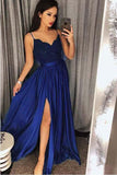 A Line Royal Blue Spaghetti Straps Long Fancy Prom Dress Formal Grad Dresses