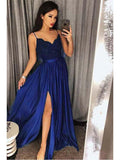 A Line Royal Blue Spaghetti Straps Long Fancy Prom Dress Formal Grad Dresses