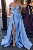 Elegant Off the Shoulder Light Blue Slit Fancy Prom Dresses Formal Evening Grad Dress