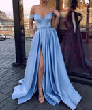 Elegant Off the Shoulder Light Blue Slit Fancy Prom Dresses Formal Evening Grad Dress
