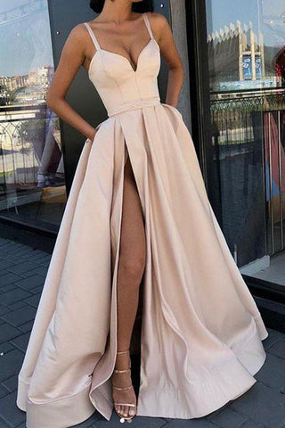 Spaghetti Straps Elegant Slit Fancy Prom Dresses Formal Evening Grad Dress With Pocket