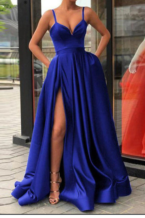 A Line Royal Blue Satin V Neck Long Cheap Fancy Prom Dresses Formal Evening Grad Dress