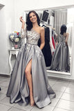 New Long Sleeves Grey Lace A Line Pocket Fancy Prom Dresses Formal Evening Grad Dress