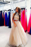 Beadings Two Piece High Neck Long Evening Party Gowns Prom Dress