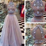 Beadings Two Piece High Neck Long Evening Party Gowns Prom Dress