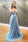 New Design Deep V Neck Light Blue A Line Long Fancy Prom Dresses Formal Evening Grad Dress