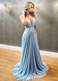 New Design Deep V Neck Light Blue A Line Long Fancy Prom Dresses Formal Evening Grad Dress