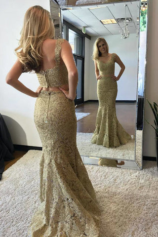 Two Piece V Neck Gold Lace Mermaid Long Fancy Prom Dresses Formal Evening Grad Dress