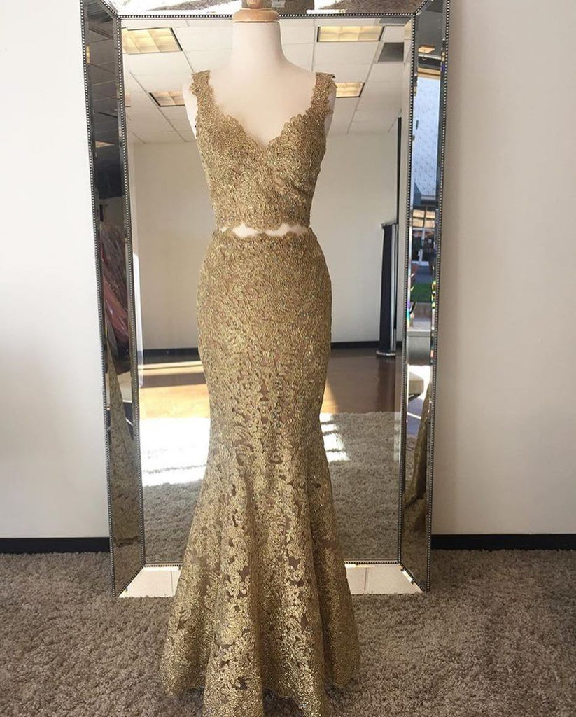 Two Piece V Neck Gold Lace Mermaid Long Fancy Prom Dresses Formal Evening Grad Dress