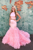 High Neck Two Piece Pink Mermaid Long Tiered Skirt Fancy Prom Dresses Formal Grad Dress