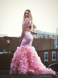 High Neck Two Piece Pink Mermaid Long Tiered Skirt Fancy Prom Dresses Formal Grad Dress