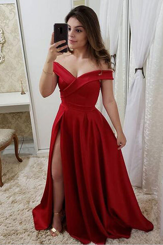 Off the Shoulder A Line Red Satin Long Slit Cheap Fancy Prom Dresses Formal Grad Dress