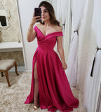 Off the Shoulder A Line Red Satin Long Slit Cheap Fancy Prom Dresses Formal Grad Dress