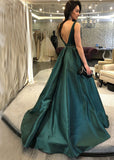 A Line High Neck Emerald Green Prom Dresses Formal Evening Dress