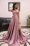 Open Back A Line V Neck Spaghetti Straps Dusty Rose Prom Dresses Formal Evening Grad Dress