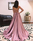 Open Back A Line V Neck Spaghetti Straps Dusty Rose Prom Dresses Formal Evening Grad Dress