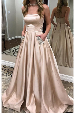 A Line Strapless Cheap Elegant Fancy Prom Dresses Formal Evening Dress With Pocket