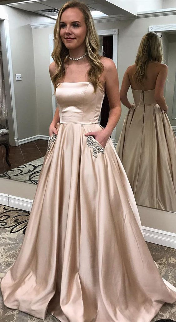 A Line Strapless Cheap Elegant Fancy Prom Dresses Formal Evening Dress With Pocket