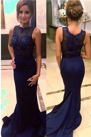 Sleeveless Navy Blue Lace Beads Mermaid Party Dress Prom Dresses