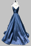 Elegant Spaghetti Straps Dark Blue Open Back V Neck Prom Dresses Formal Evening Dress