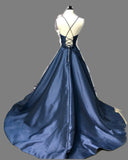 Elegant Spaghetti Straps Dark Blue Open Back V Neck Prom Dresses Formal Evening Dress