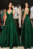 V Neck Spaghetti Straps Emerald Green Elegant Fancy Prom Dresses Formal Evening Dress