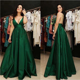 V Neck Spaghetti Straps Emerald Green Elegant Fancy Prom Dresses Formal Evening Dress