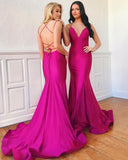 Open Back Mermaid Hot Pink Spaghetti Straps Long Fancy Prom Dresses Formal Evening Dress