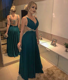 Emerald Green Open Back Beaded V Neck Long Prom Dresses Formal Evening Grad Dress LD1755