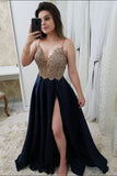 Chic Lace V Neck Black Spaghetti Strap Long Slit Fancy Prom Dresses Formal Evening Grad Dress