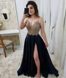 Chic Lace V Neck Black Spaghetti Strap Long Slit Fancy Prom Dresses Formal Evening Grad Dress