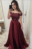 Off the Shoulder Burgundy Short Sleeves Lace Fancy Prom Dresses Formal Evening Dress