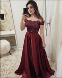 Off the Shoulder Burgundy Short Sleeves Lace Fancy Prom Dresses Formal Evening Dress