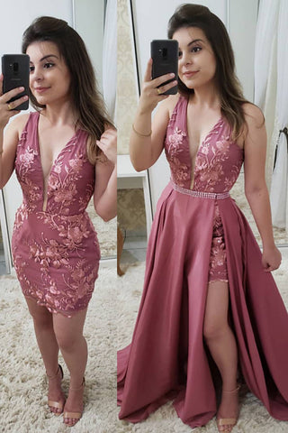 Fashion Deep V Neck Lace Detachable Skirt Fancy Prom Dresses Formal Evening Grad Dress