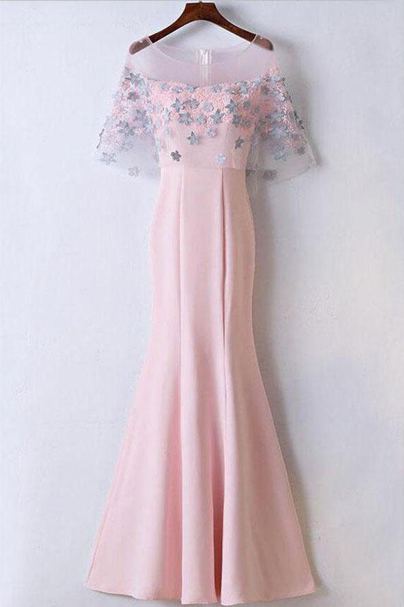 Chic 3D Floral Pink Mermaid Floor Length Prom Dresses Formal Evening Fancy Dress Gowns
