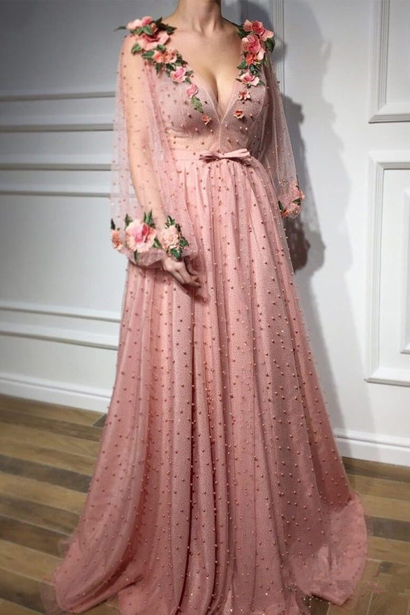 New Long Sleeves V Neck Pearls Pink 3D Floral Fancy Prom Dresses Formal Evening Dress