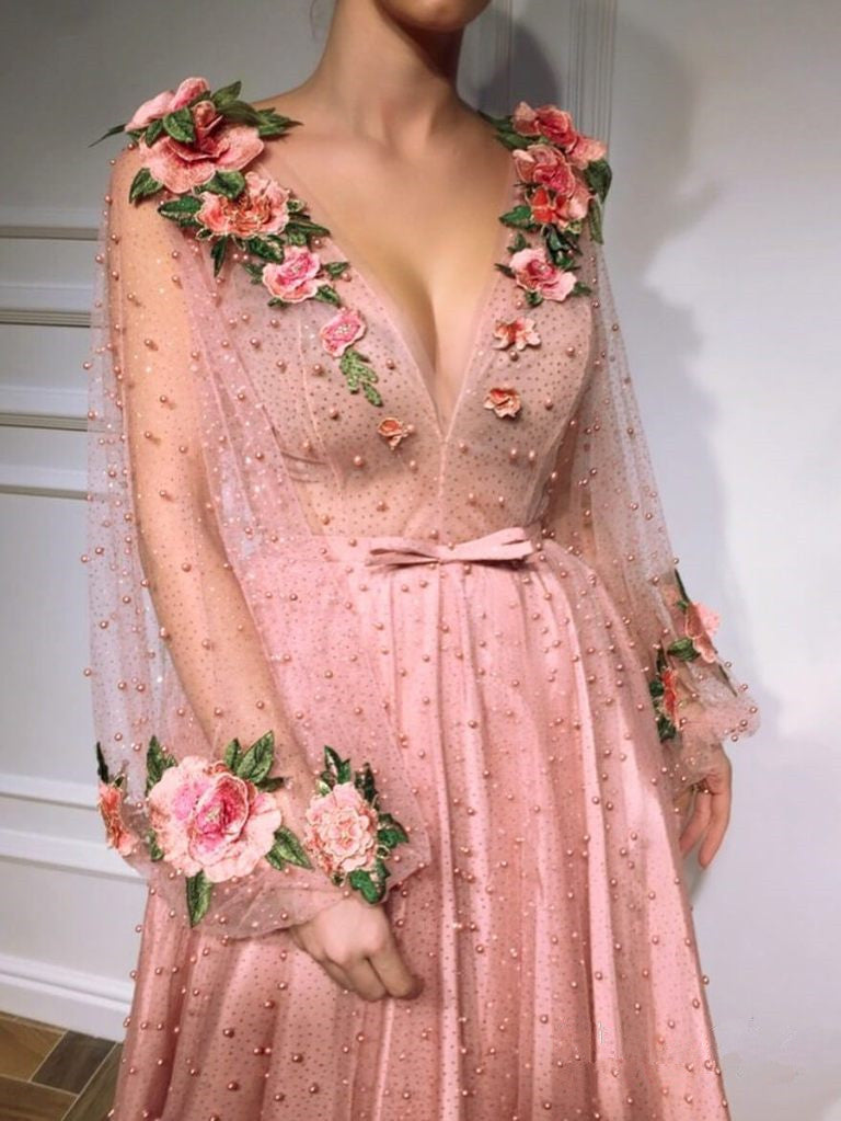 New Long Sleeves V Neck Pearls Pink 3D Floral Fancy Prom Dresses Formal Evening Dress