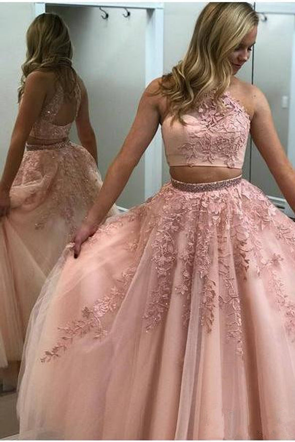 Two Piece High Neck Lace Applique Backless Blush Pink Long Formal Prom Dresses Evening Dress