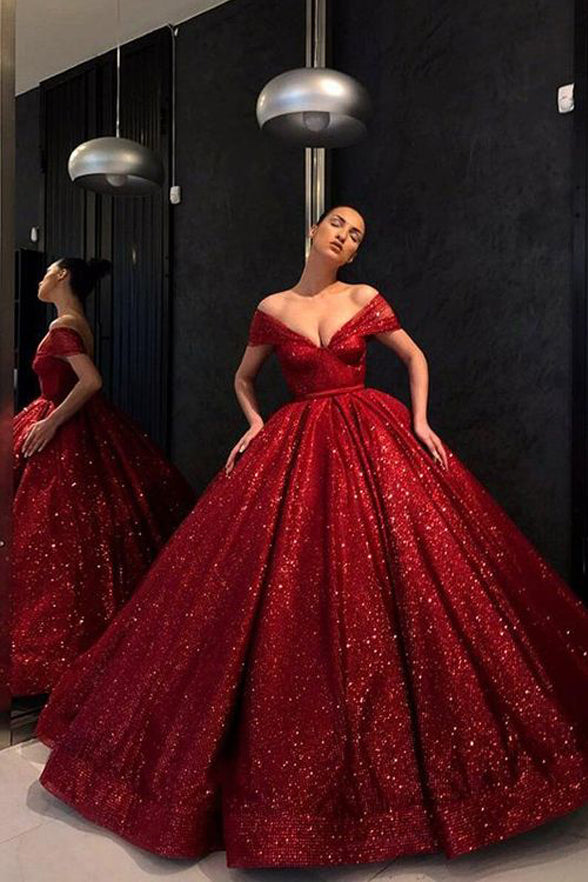 Burgundy Sequin Ball Gown Off the Shoulder Prom Dresses Formal Evening Quinceanera Dress